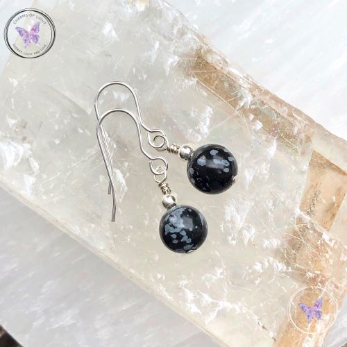 Classical Snowflake Obsidian Silver Earrings